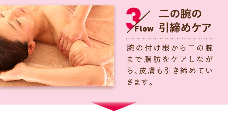 Flow3 ⼆の腕の引締めケア腕の付け根から⼆の腕まで脂肪をケアしながら、皮膚も引き締めていきます。